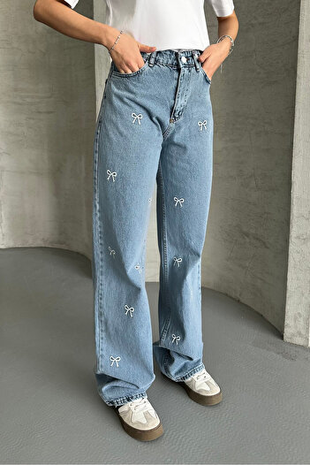 macharel jeans Kurdele Nakışlı Straight Fit Geniş Paça Jean