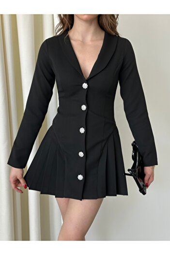 Laluvia Black Metallic Stone Button Jacket Dress - 2025137