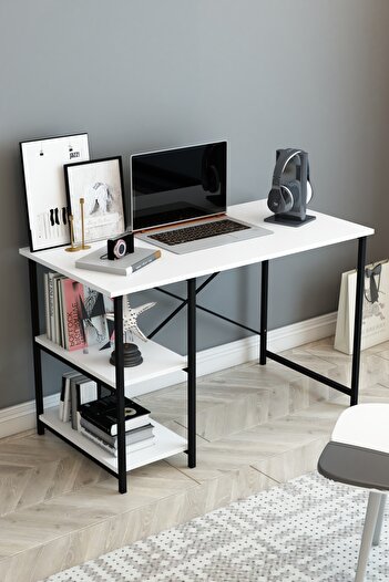 DizaynMotion 2 Raflı Çalışma Masası 60x120 - Bilgisayar Ofis Ders Masası Beyaz