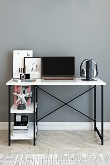 DizaynMotion 2 Raflı Çalışma Masası 60x120 - Bilgisayar Ofis Ders Masası Beyaz