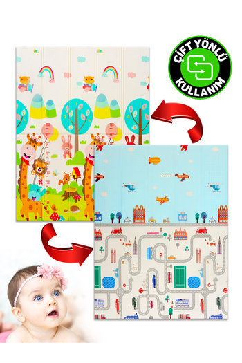 Circle Toys Neşeli Zürafa + Taşıtlar , Katlanabilir Çocuk Oyun Halısı – 150X200X1 cm - Taşıma Çantası Yanında
