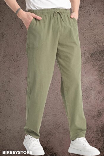 BİRBEYSTORE Summer Linen Trousers Raw Cloth Sweatpants Elastic Waist Unisex Comfortable Fit