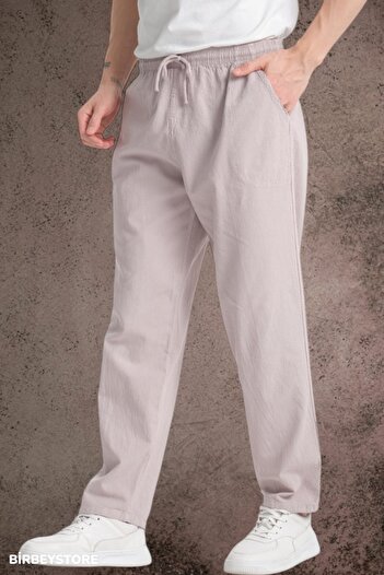 BİRBEYSTORE Summer Linen Trousers Raw Cloth Sweatpants Elastic Waist Unisex Comfortable Fit