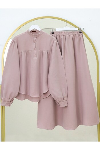 Modamorfo Oval Cut Stand Collar Blouse Skirt, Set - Powder