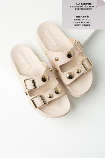 diclepolat Beige Women's Slippers - Flat Bottom, Buckle, Double Strap, Troy Olive Casual Design