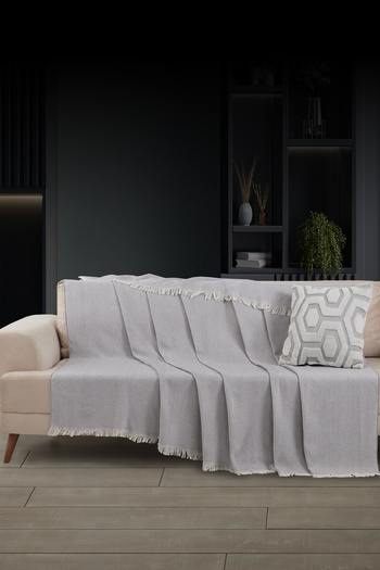LADYNİL Fringed Seat Cover |   Sofa Shawl 180X210 Cotton Gray