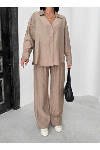 aytenli Shirt Collar Cuffed Sleeve Side Slit Shirt Elastic Waist Pocket Fitted Wide Cut Pants Suit