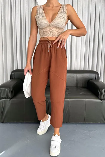 İstangül Butik Cotton Linen Fabric Carrot Trousers with Leg Pieces