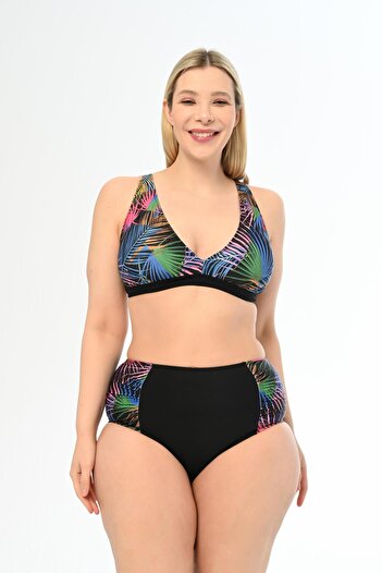 AQUAVİVA Aquaviva Women Black Palm Pattern Plus Size High Waist Butterfly Bikini Set
