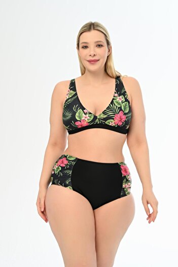 AQUAVİVA Aquaviva Women Black Violet Pattern Plus Size High Waist Butterfly Bikini Set