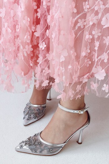 POLKA STORE Bridal Handmade Hand Embroidered Pearl Detailed Pointed Toe Thin Heeled Women's Shoes