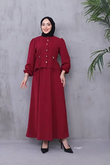 QUAWEAR Crew Neck Waist Lace up Gathered Front Pleated Detailed Shirt and Skirt Two Piece Set