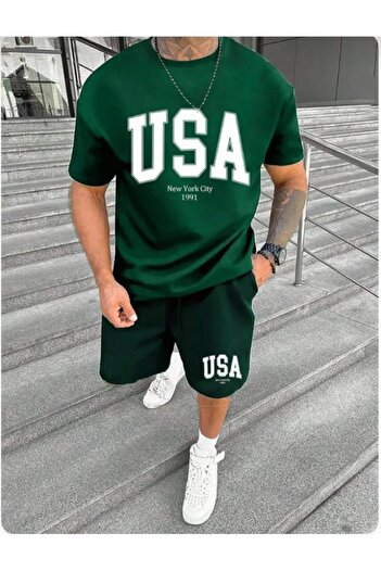 Sky Light Unisex Green Printed Oversize T-Shirt-Green Shorts-Summer