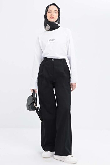ALLDAY Black-Pleated Lycra Wide Leg Trousers