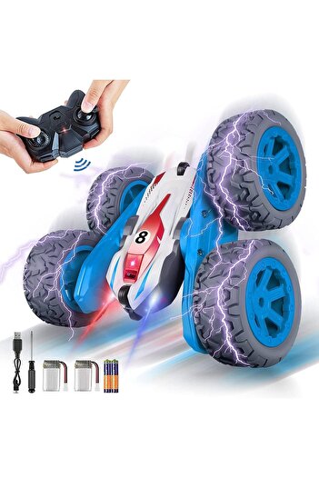 COOYA RC Stunt Car Toy, 4WD, Double Sided 360° Flip, 2.4 GHz High Speed with LED Lights(Blue)