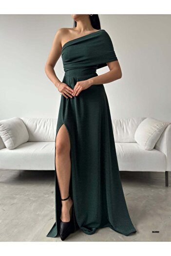 Mekafashion Amelia Silvery Emerald Evening Dress - Single Sleeve 582890