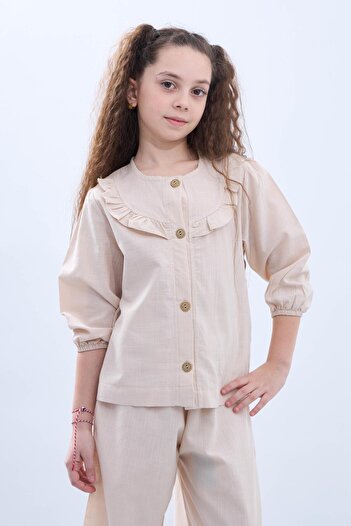 Perendi Girl's Beige Linen Set - Wide Leg Seasonal