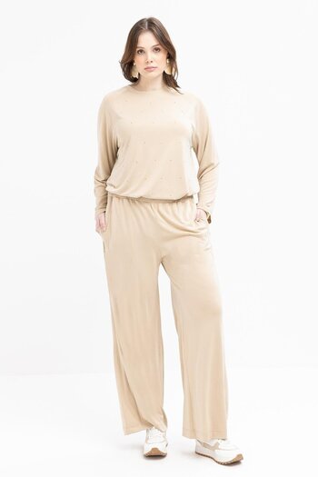 ALLDAY Beige-Large Size Lycra Wide Leg Trousers with Elastic Waist