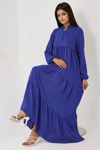 Hiccup Textured Tie Detail Crew Neck Modest Dress