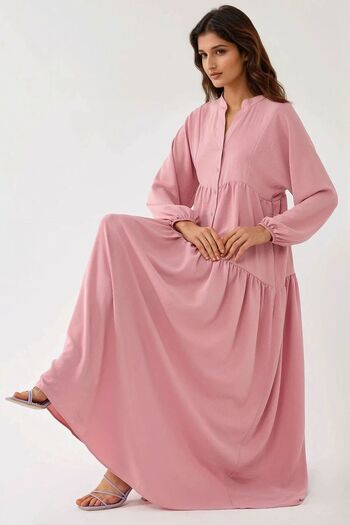 Hiccup Button Detailed Textured Long Sleeve V Neck Modest Dress