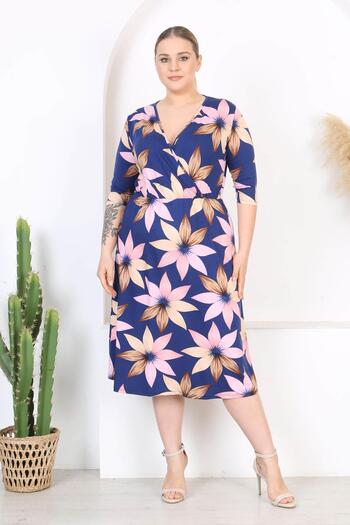 Madwilo Women's Navy Blue Beige Lotus Pattern Double Breasted Collar Flexible Waist Plus Size Dress