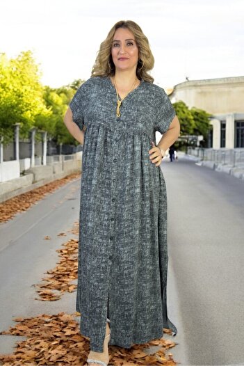 yagmurberen Front to Back Button Slit Cotton Viscose Robes Large Size Flare Dress