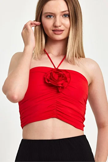 ZACHARIUZ Red Rose Detailed Neck Strap Sleeveless Bustier