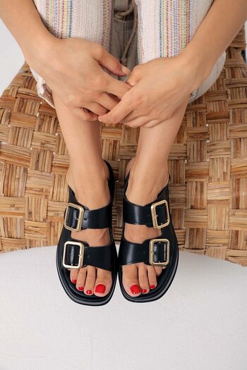 Beyond Women's Black Cpt Wedge Heeled Double Tape Buckle Leather Sandals 4cm Byndcpt03