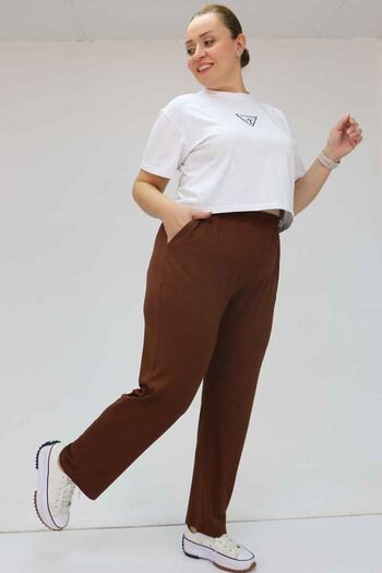 Eslina 39001 Large Size High Waist Elastic Combed Cotton Trousers - Brown