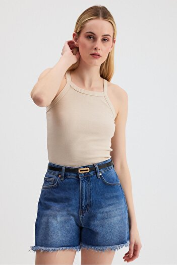 Rays Beige -1121 Zero Sleeve Ribbed Halter Neck Basic Tank Top