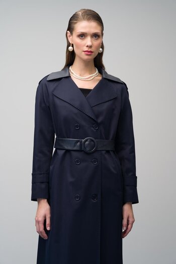 Olcay Navy Blue 6618 - Αδιάβροχη δερμάτινη καμπαρντίνα με λεπτομέρεια Punto
