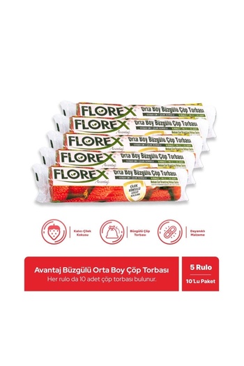 Florex Avantaj Seri Çilek Kokulu Büzgülü Orta Boy Çöp Poşeti X 5 Rulo