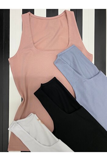 LEYNA BUTİK Women's Cotton Fabric Square Collar Wide Strap 4-Piece Blue, Powder, White, Black Combed Cotton Undershirt