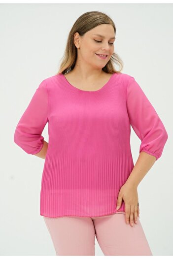 ZY BUTİK Plus Size Fuchsia Three Quarter Sleeve Pleated Stylish Chiffon Blouse