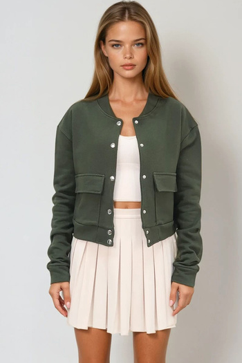 VAGGON Women's Khaki Snap Closure Double Pocket Crop Jacket with Ribbon Inside Prm1049