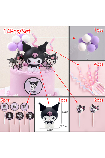 Choice1 Style B 14Pcs Kuromi Cake Topper Anime Action Figure Sanrio Flag Happy Birthday Kuromi Cake Decorati