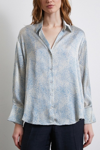 Never more Blue V-Neck Patterned Satin Shirt