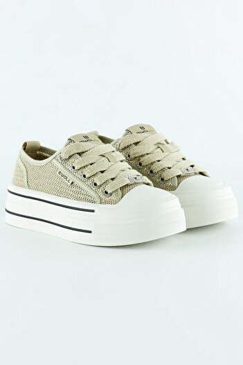 Erkan Saçmacı Beige High Sole Sport Mesh Stone Lace up Platform Sneaker