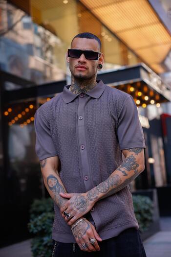 Pobudo Smoked Color Detailed Short Sleeve Knitwear Shirt
