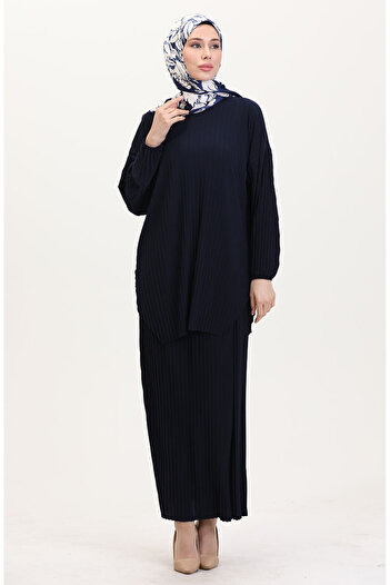 sefamerve Navy Blue Pleated Tunic-Skirt Double Set 0015-02