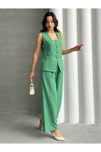 MD trend Square Collar Vest and Palazzo Trousers Double Linen Aerobin Set