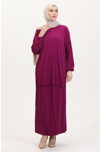 sefamerve Pleated Tunic & Skirt Double Set 0015-05 Plum