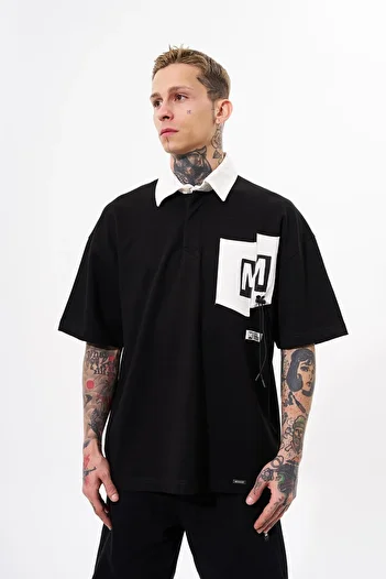 Machinist Men's Oversize Polo Neck Black T-Shirt - Contrast Pocket