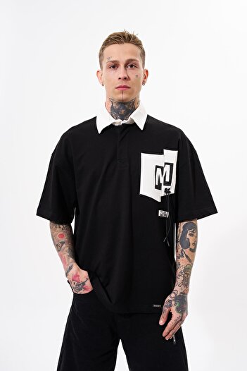 Machinist Men's Oversize Polo Neck Black T-Shirt - Contrast Pocket