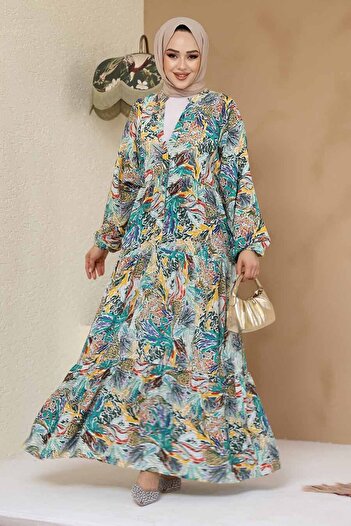 Neva Style Floral Patterned Yellow Hijab Dress 235805 Sr