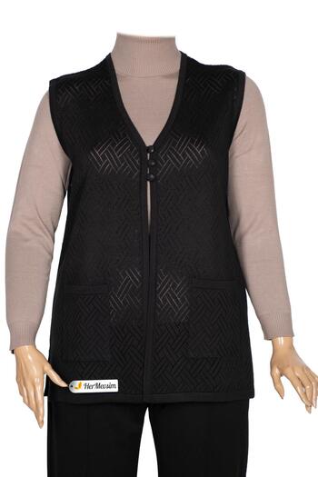 Hermevsim Hesna Women's Ruby Knitwear Openwork Pocket Buttoned Slit Black Vest
