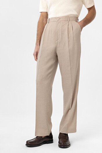 Antioch Bej Keten Karışımlı Erkek Baggy Pantolon