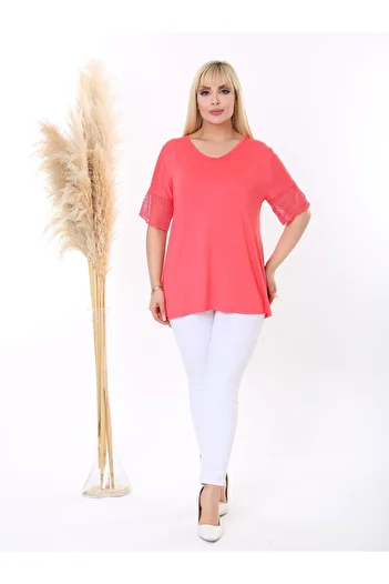 MODA Women's Plus Size Sleeves Lace Detail Flexible Viscos Bluz
