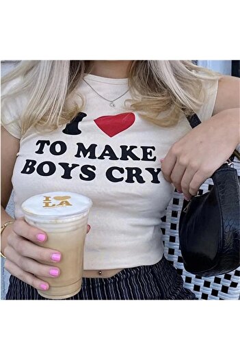 Gofeel I Love To Make Boys Cry Printed White Crop