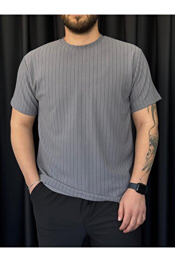 Altamira Men's Light Gray Line Detailed Crew Neck Crepe T-Shirt
